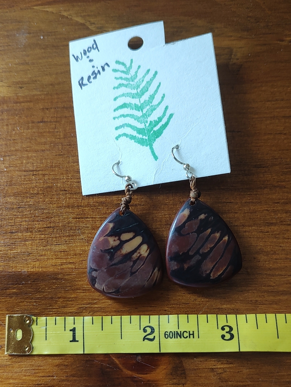 Handcrafted Brown Teardrop Wood Resin Earrings